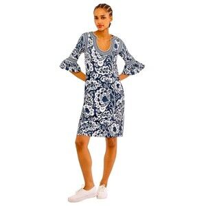 Gretchen Scott Shake Your Tushy Dress Navy White Flora Ruffle Sleeve MEDIUM